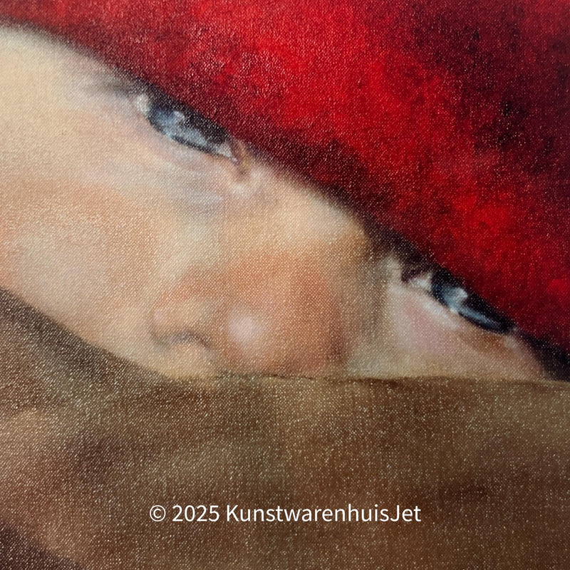 Little child with red hat portrait from photo, realistic children portrait painted from photo, boys portret in oil, size 20:20cm