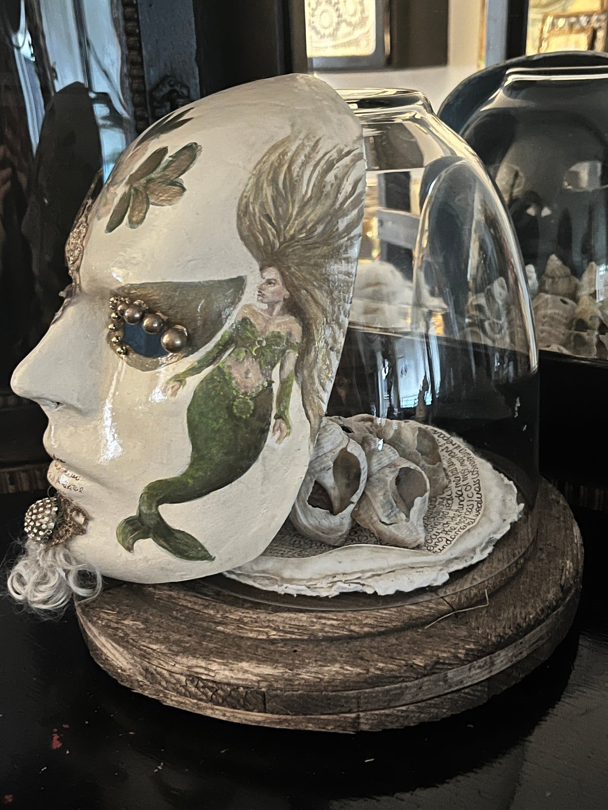 Handgemaakt Venetiaans mannenmasker met zeemeermin tattoo |Kunstwarenuis Jet
