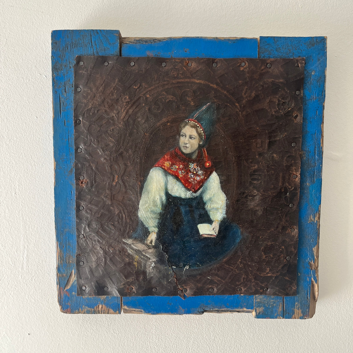 Geworteld in Noorse Sagen – De Noorse Bruid / Folklorevrouw in Olieverf op Vintage Leer
