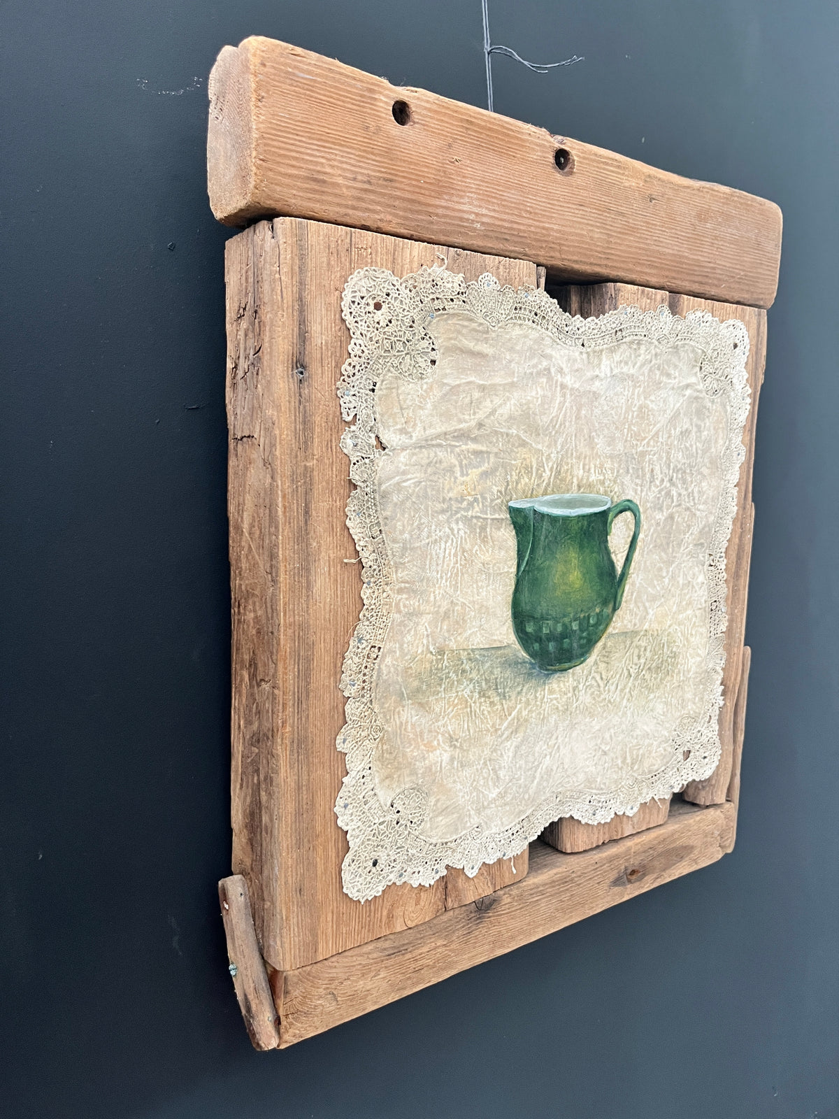 Groen Melkkannetje — Olieverf op Kant en Strandhout