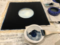 A pearl painting with blue velvet, tile wisdom on ricepaper, ecological painting painted in oil tempera, mixed media handwritten painting 
