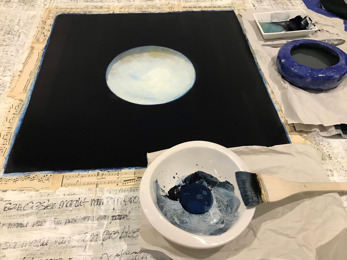 A pearl painting with blue velvet, tile wisdom on ricepaper, ecological painting painted in oil tempera, mixed media handwritten painting 