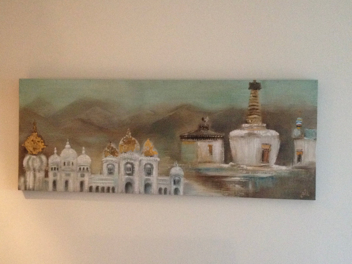 Worldly hand-painted painting, travel compilation and stories for the wall on linen in authentic wax paint
