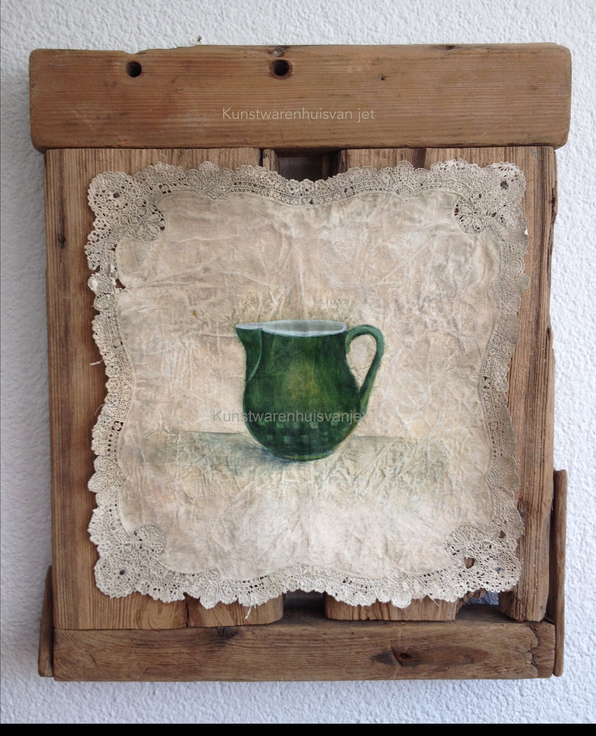 Large milk jug painted in oil technique with hand-painted gesso on driftwood from the beach, Artwork with lace for the wall