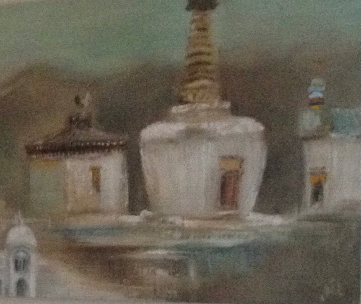 Worldly hand-painted painting, travel compilation and stories for the wall on linen in authentic wax paint
