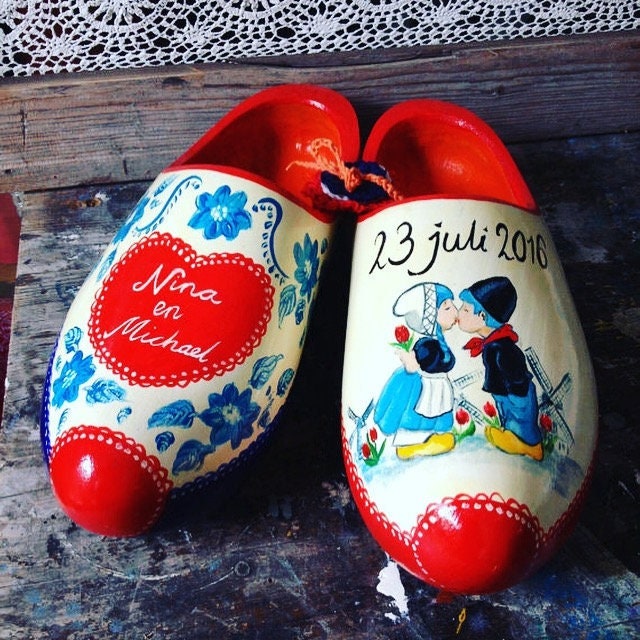 Hand-painted wooden shoes with flowers and kissing farmer and farmer's wife, personal wedding gift with name